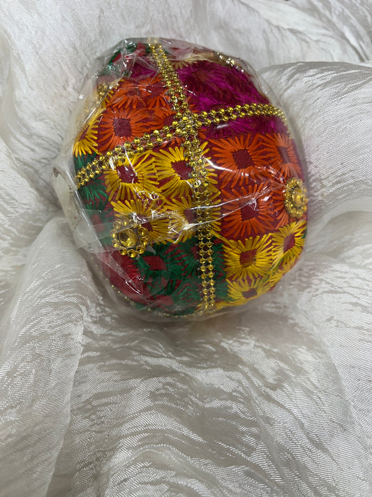 Decorated whole dry coconut (lalaire) phulkari/multicoloured